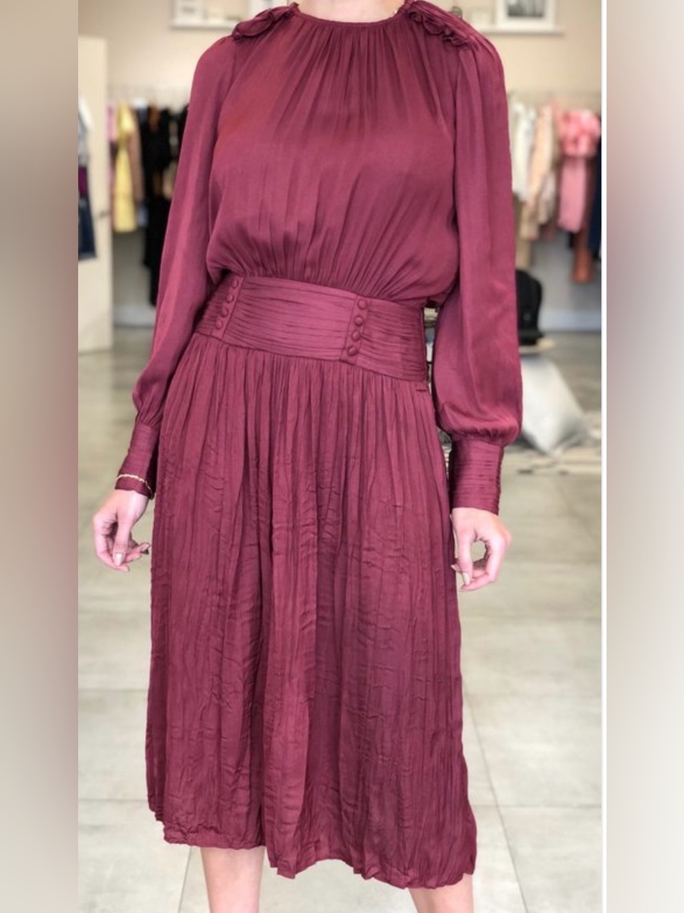 Current Air Burgundy Long Sleeve Gathered-Waist Midi Dress